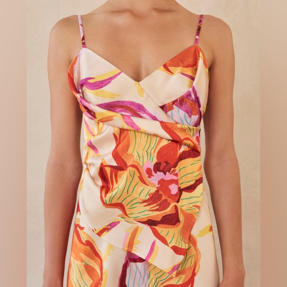 cult gaia floral satin scarf top in Cream, Orange, Pink & Yellow